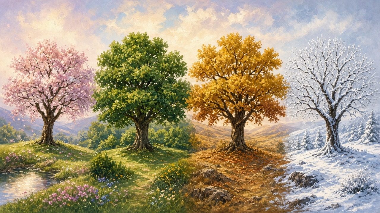 A tree shown across four seasons.