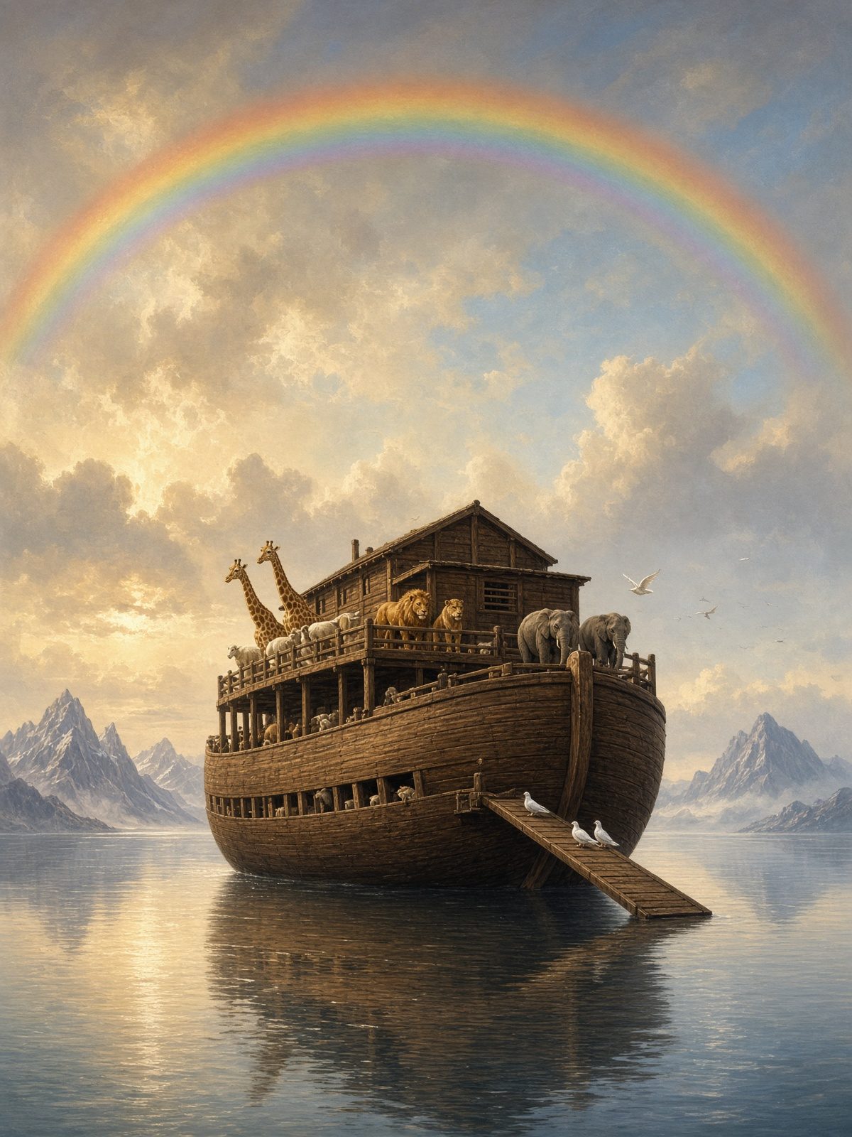 Noah's ark on still water under a rainbow, with animals along the deck