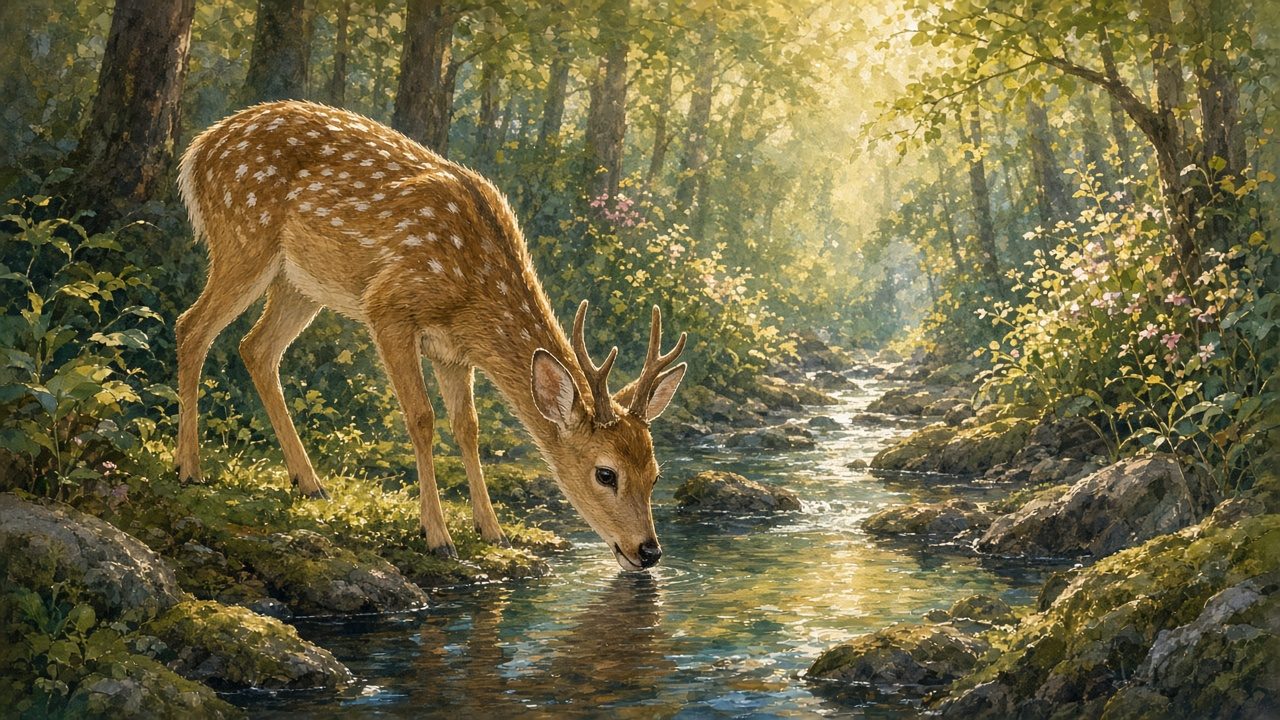 A deer drinking from a forest brook.
