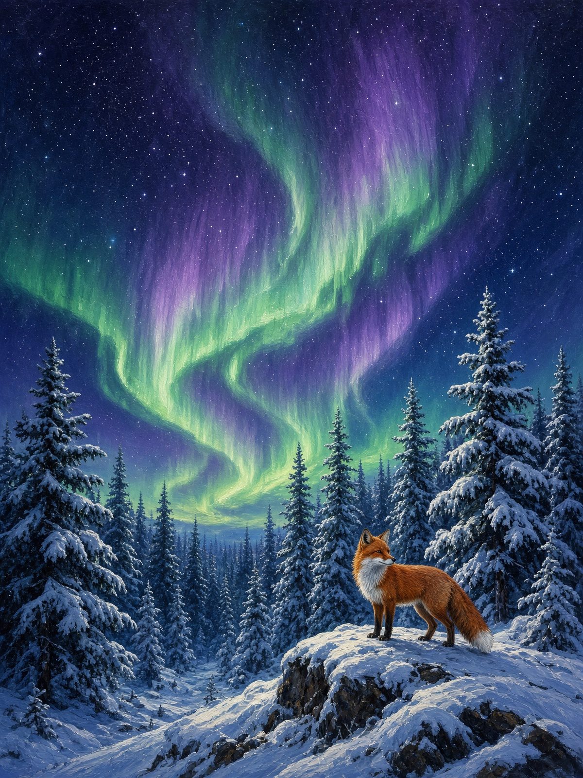 A red fox in a snowy pine forest under a green aurora