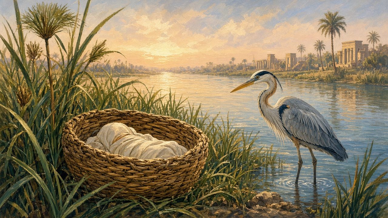 A woven basket among reeds on the Nile, a heron nearby.