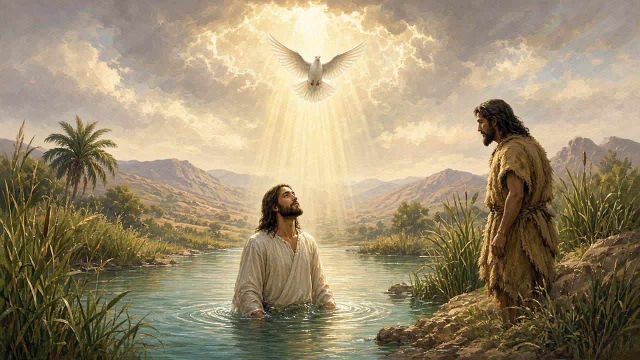 Jesus in the Jordan, a dove descending.