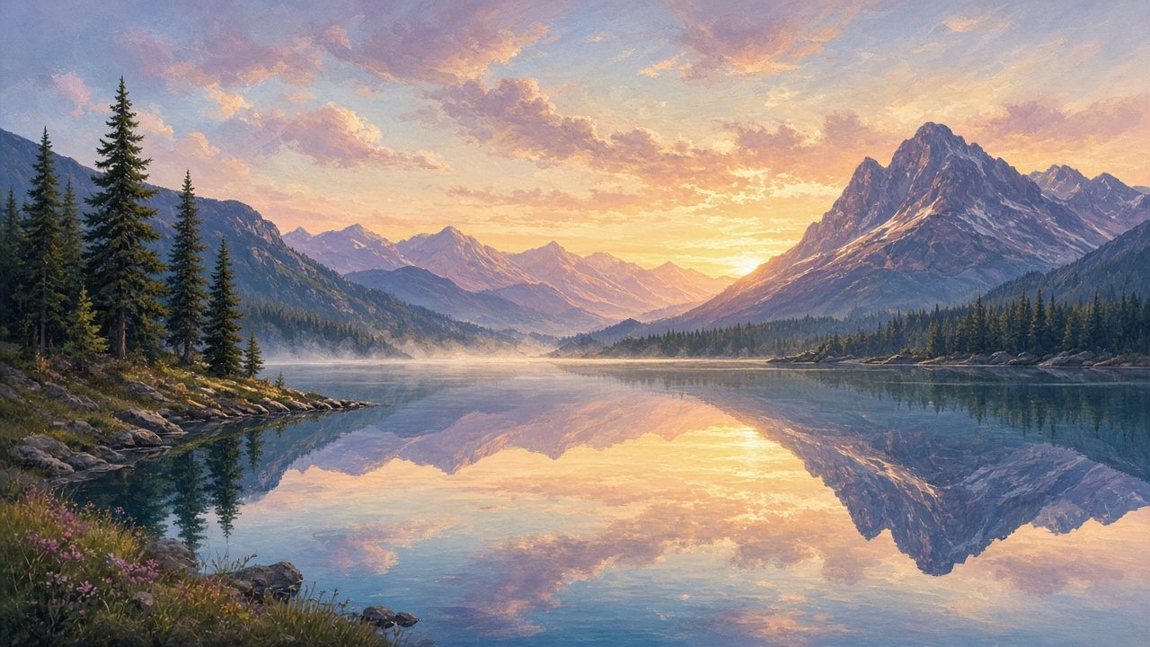 A mirror-still mountain lake at dawn.