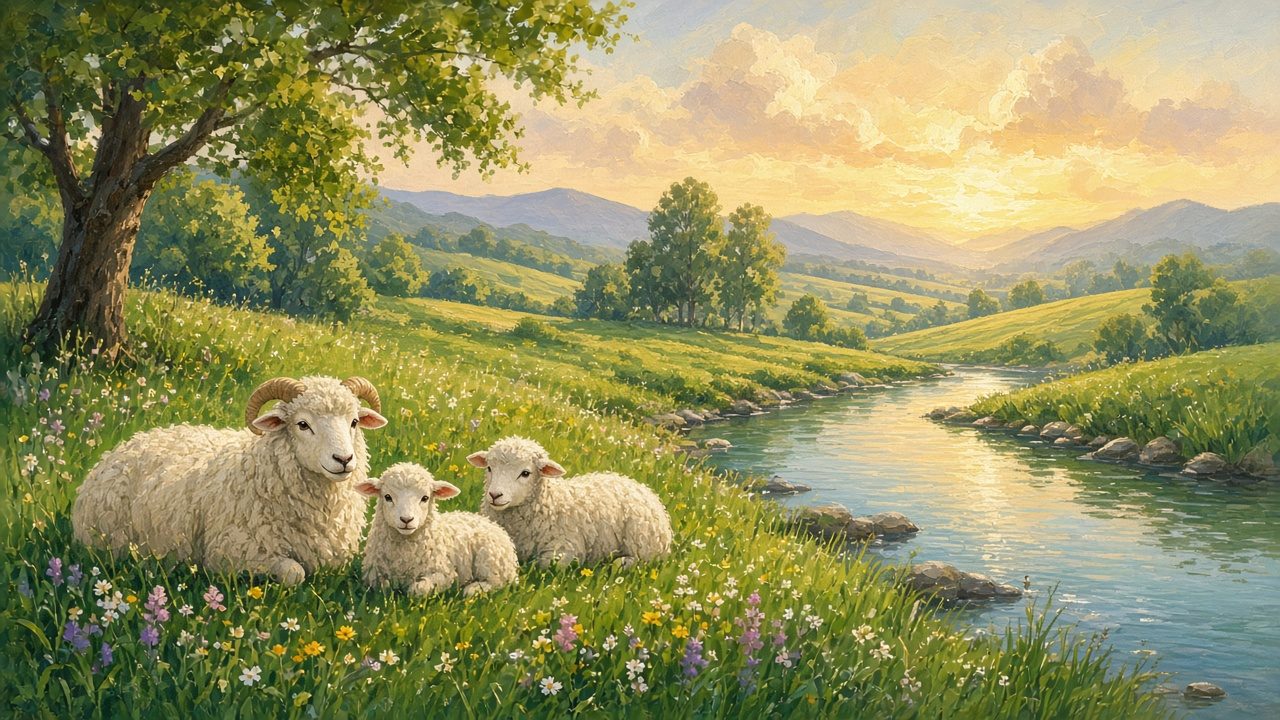 Sheep lying in green pastures by a calm stream.
