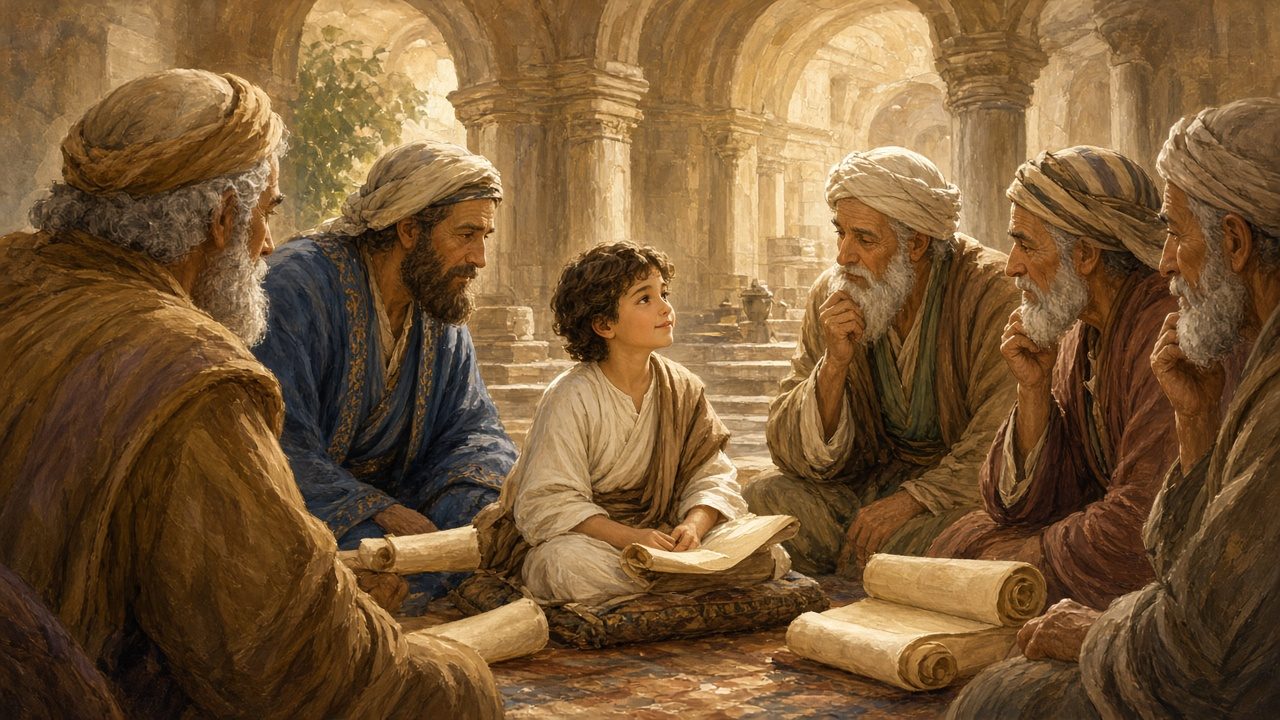 Young Jesus among teachers with scrolls.