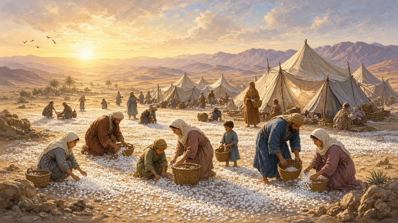Families gathering white manna at dawn around desert tents.
