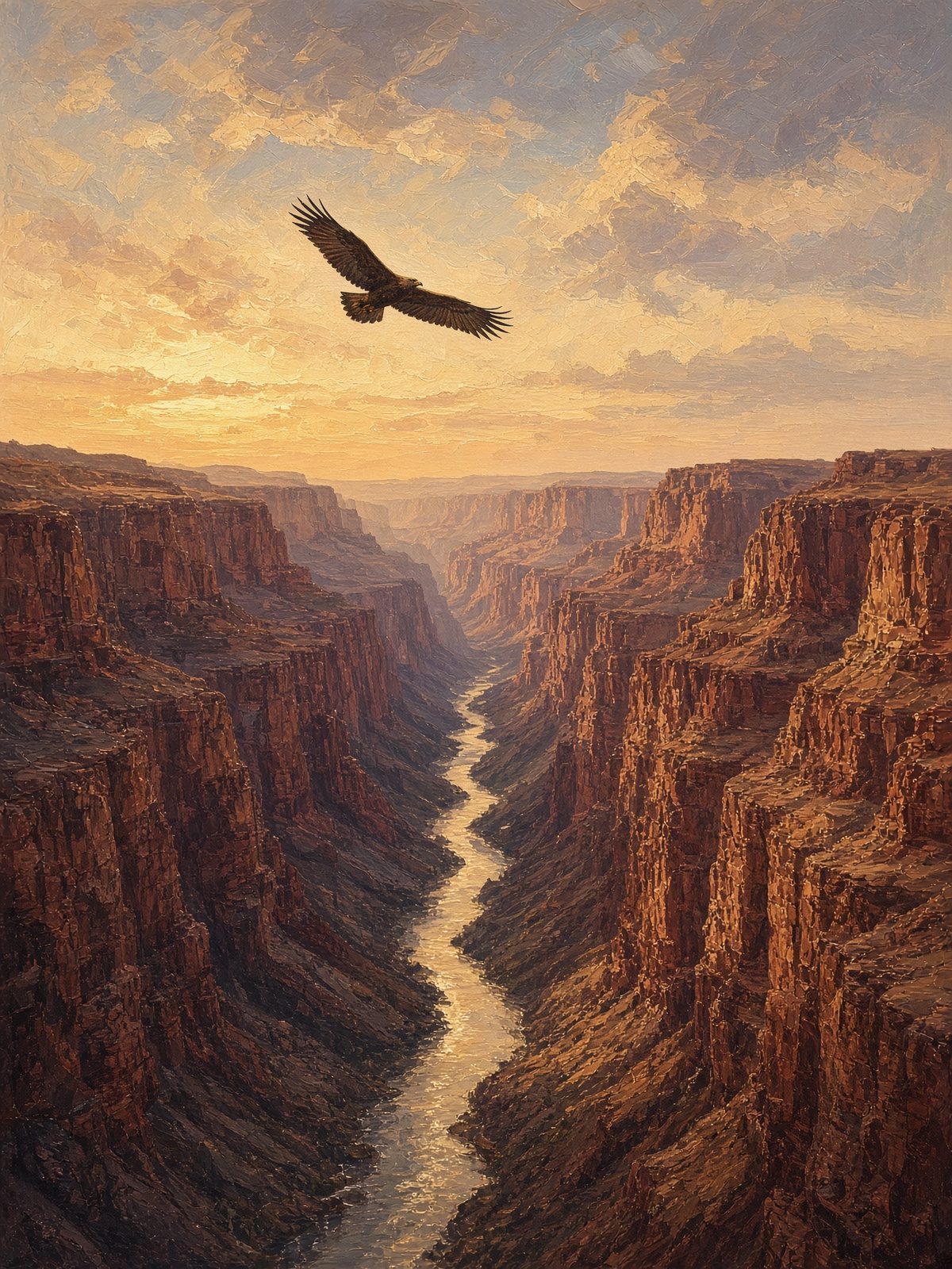 A vast red-rock canyon with a river below and an eagle overhead