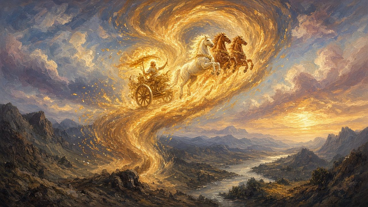 A fiery chariot and horses rising in a whirlwind.