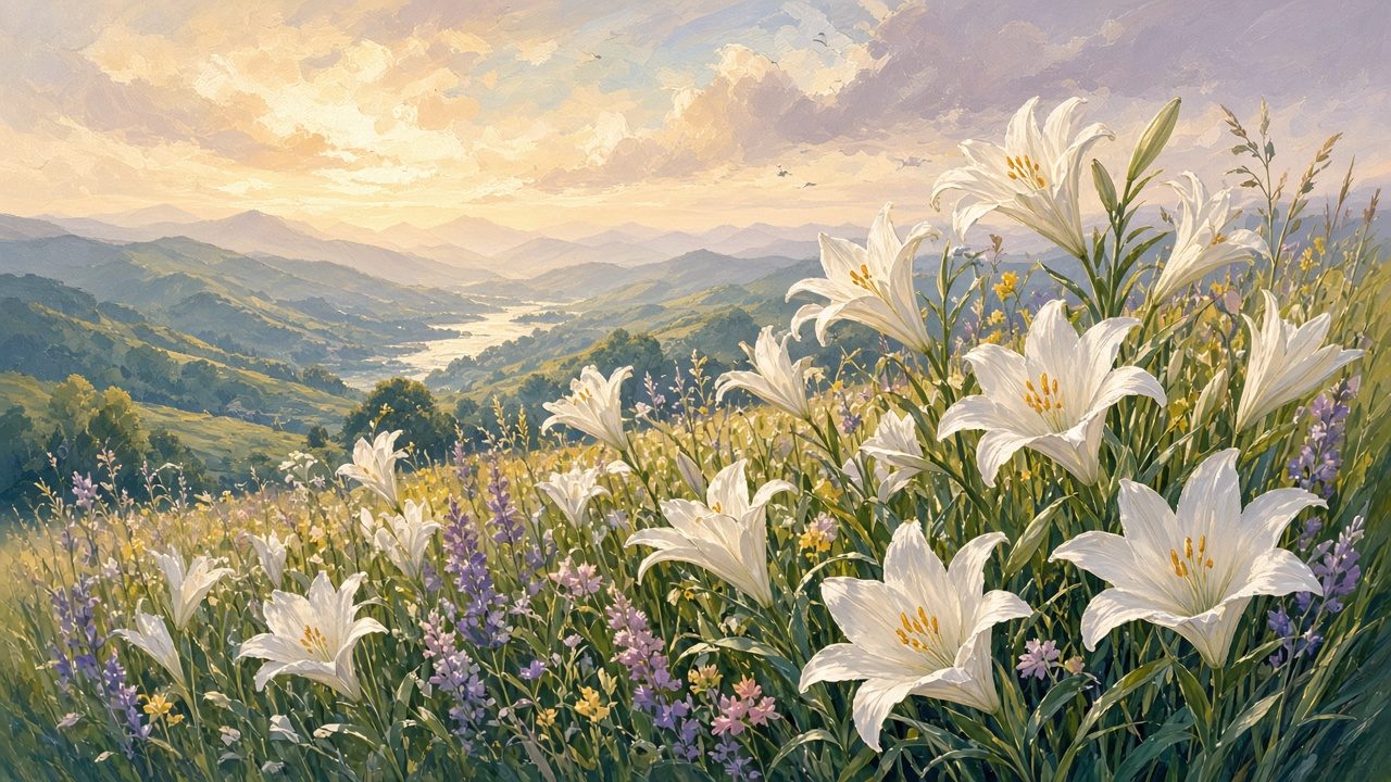A field of wild lilies swaying.