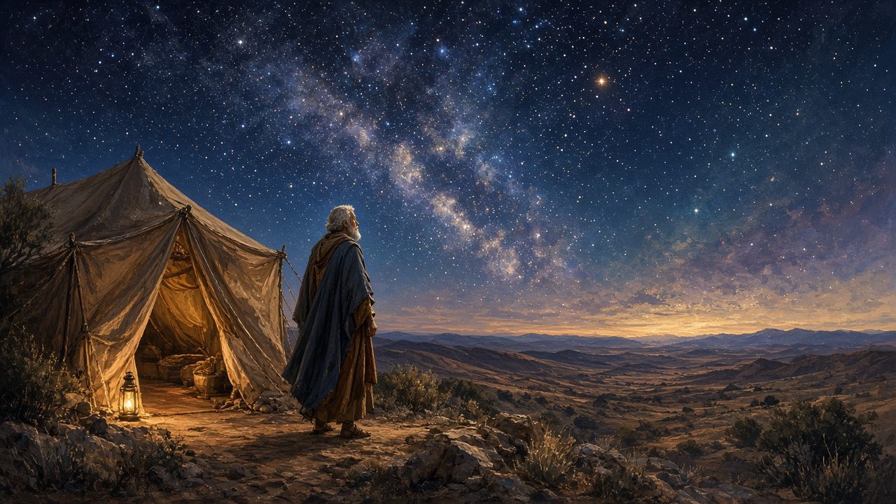 Abraham outside his tent gazing at a sky full of stars.