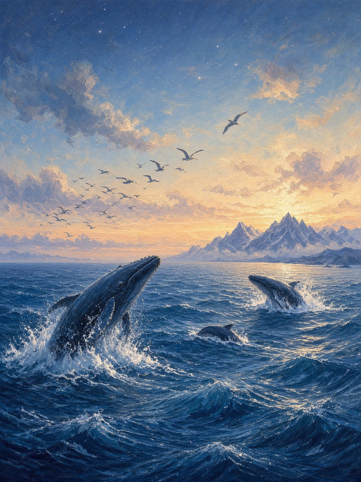 Whales and flocks of birds over a vast sea with distant mountains