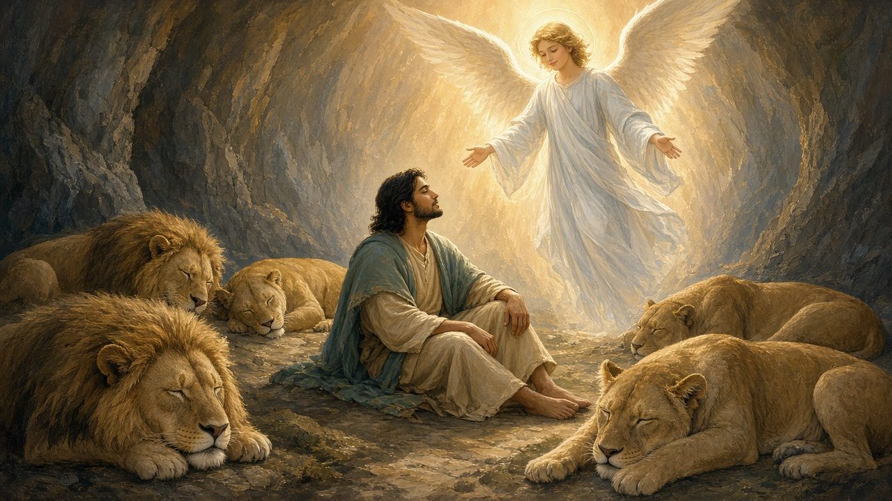 Daniel calm among sleeping lions, an angel above.