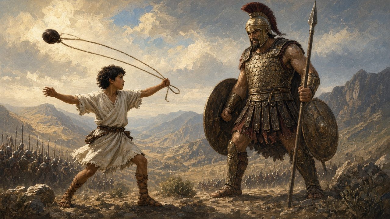 David whirling a sling before a towering armored giant.