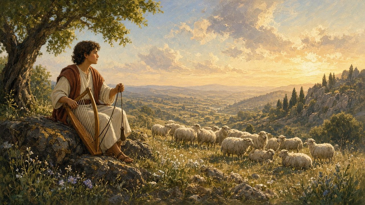Young David with a sling and harp watching his sheep.