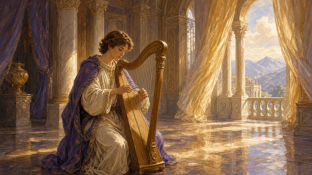 David playing a harp in a palace hall.