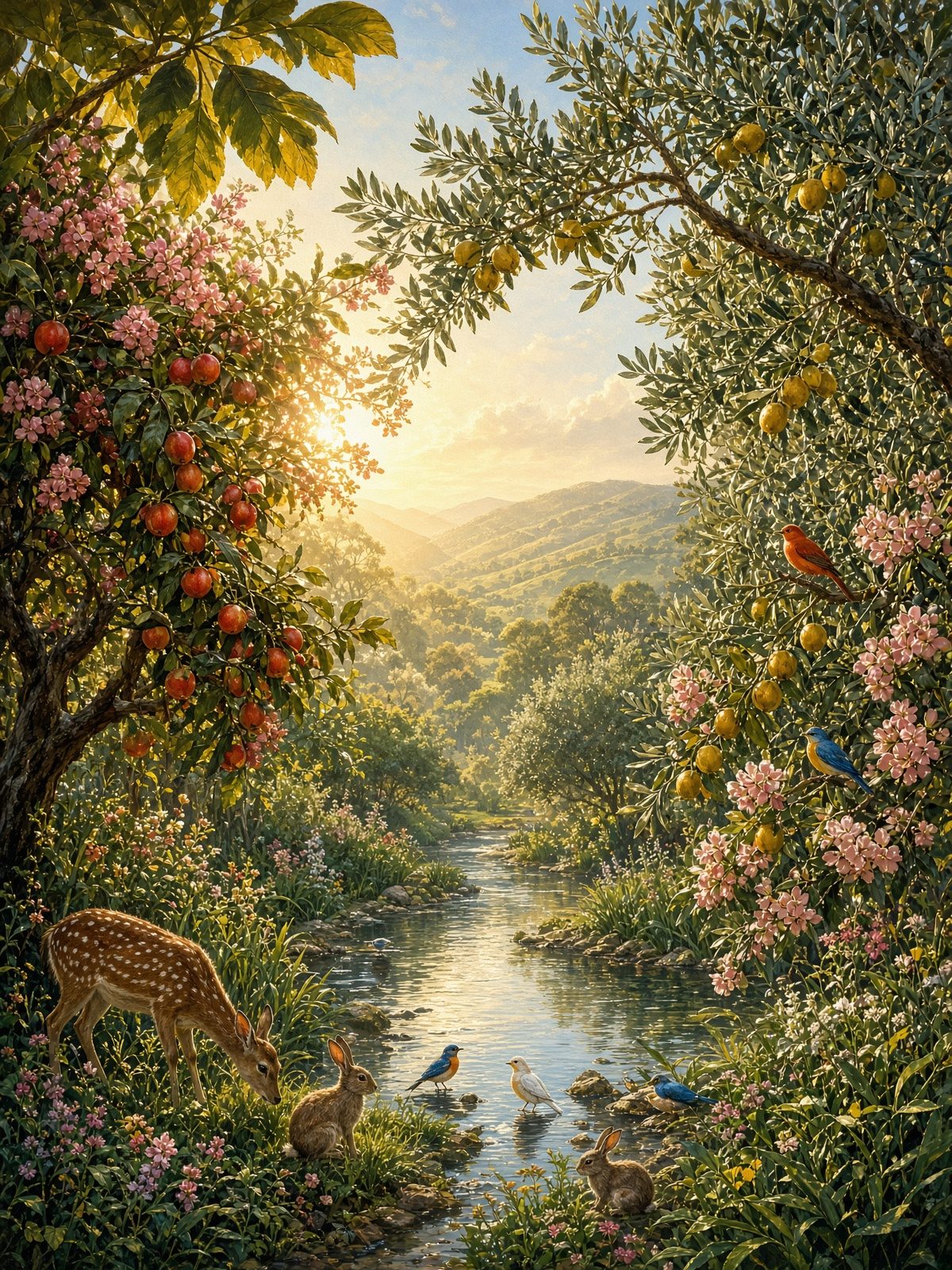 A lush garden with a river, fruit trees, deer, and birds in morning light