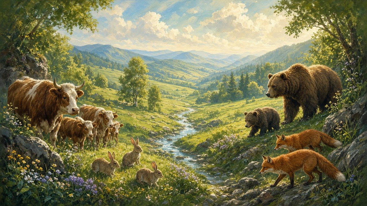 Cattle, rabbits, foxes and bears emerging into a fresh green valley.