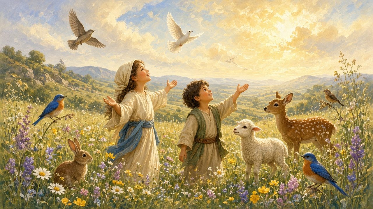 Birds, animals and children praising in a sunny field.