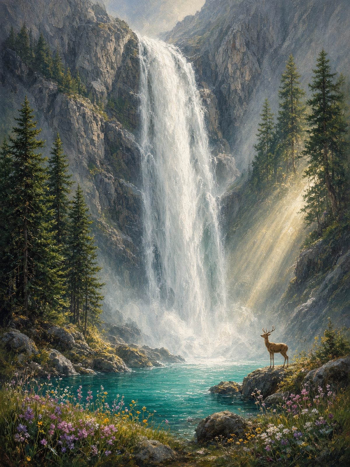 An alpine waterfall plunging into a pool with a deer nearby