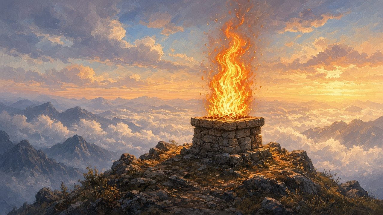 Fire falling on a stone altar on a mountaintop.