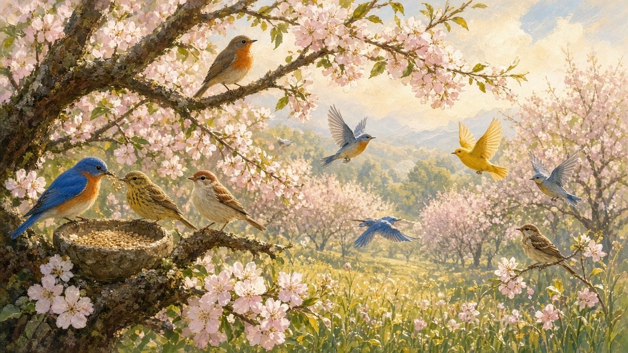 Songbirds in an orchard.