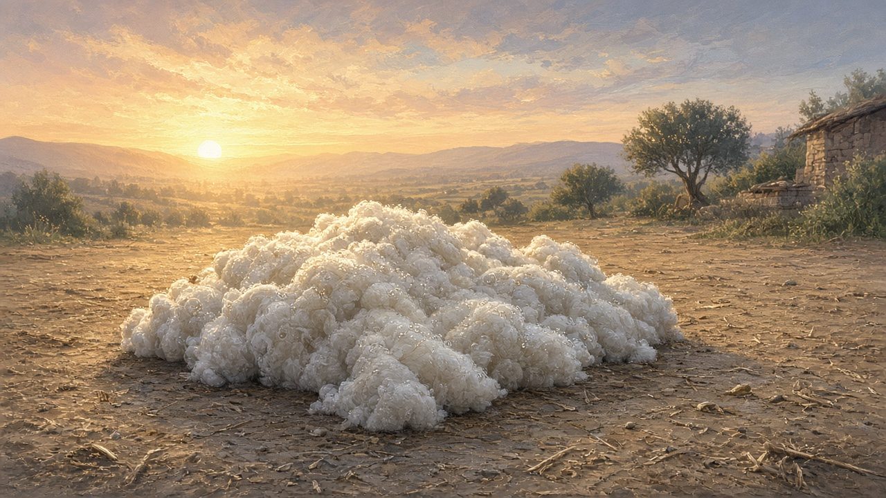 A wool fleece wet with dew on a dry threshing floor at dawn.
