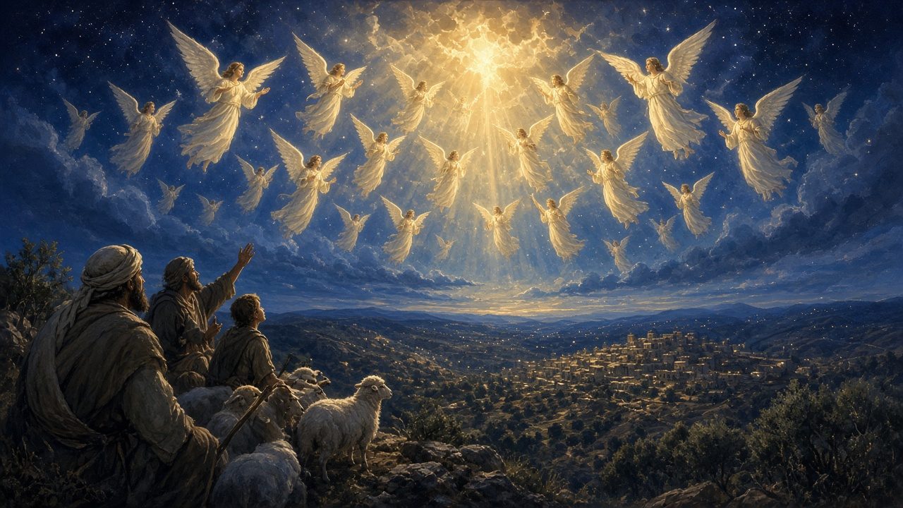 A sky full of angels over Bethlehem's hills.