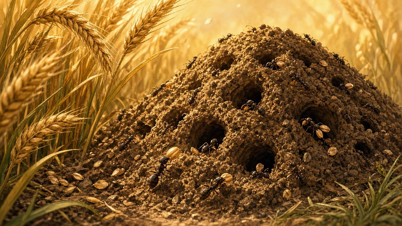 A busy ant hill among wheat stalks, macro view.