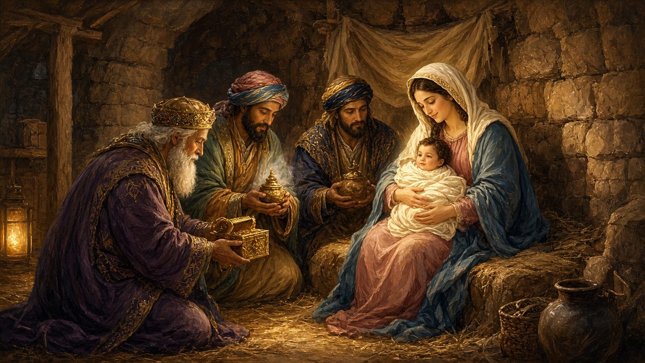 Wise men presenting gifts to the child and Mary.