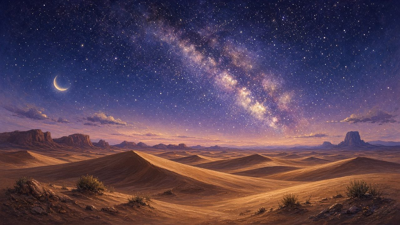 A night sky with the Milky Way over desert dunes.