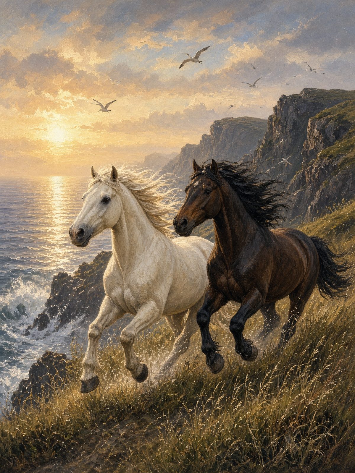 Two horses galloping along a grassy coastline at sunrise