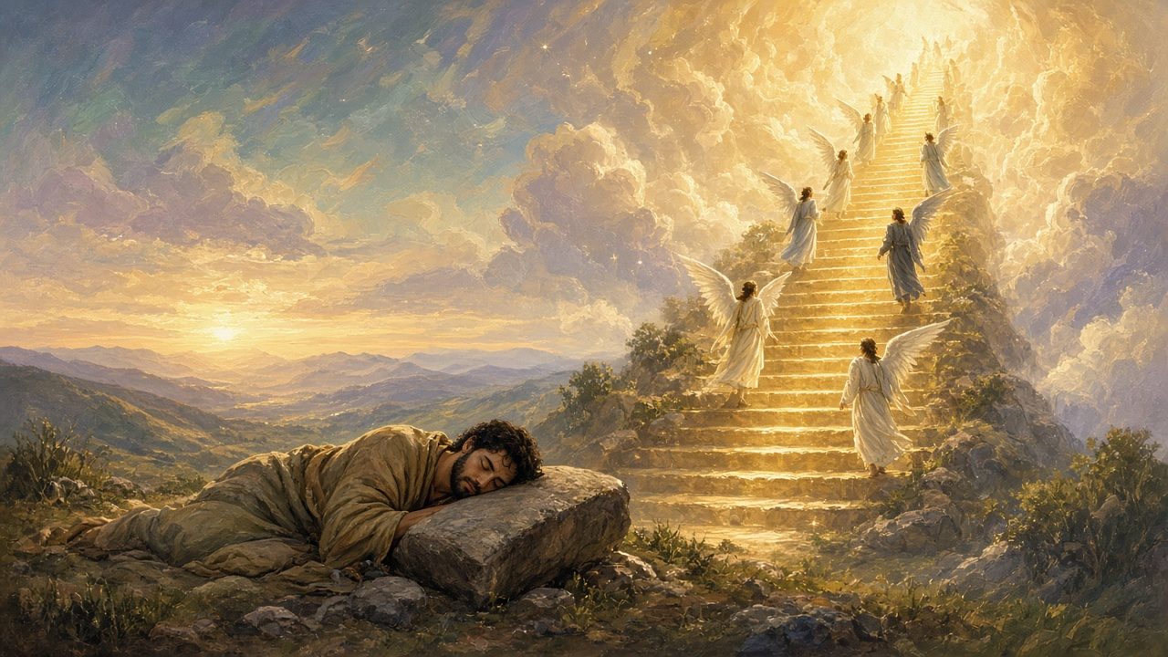 A golden stairway to heaven with angels, Jacob asleep on a stone.
