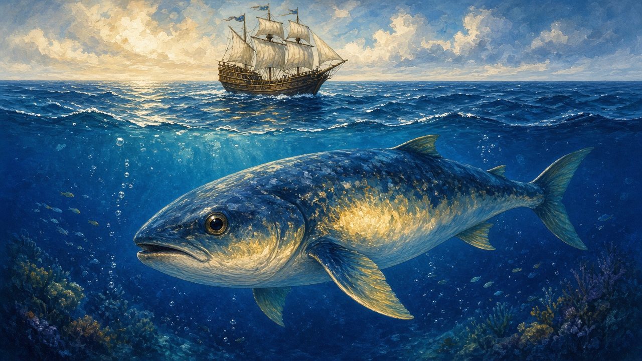 A great fish in a deep blue sea, a small ship above.