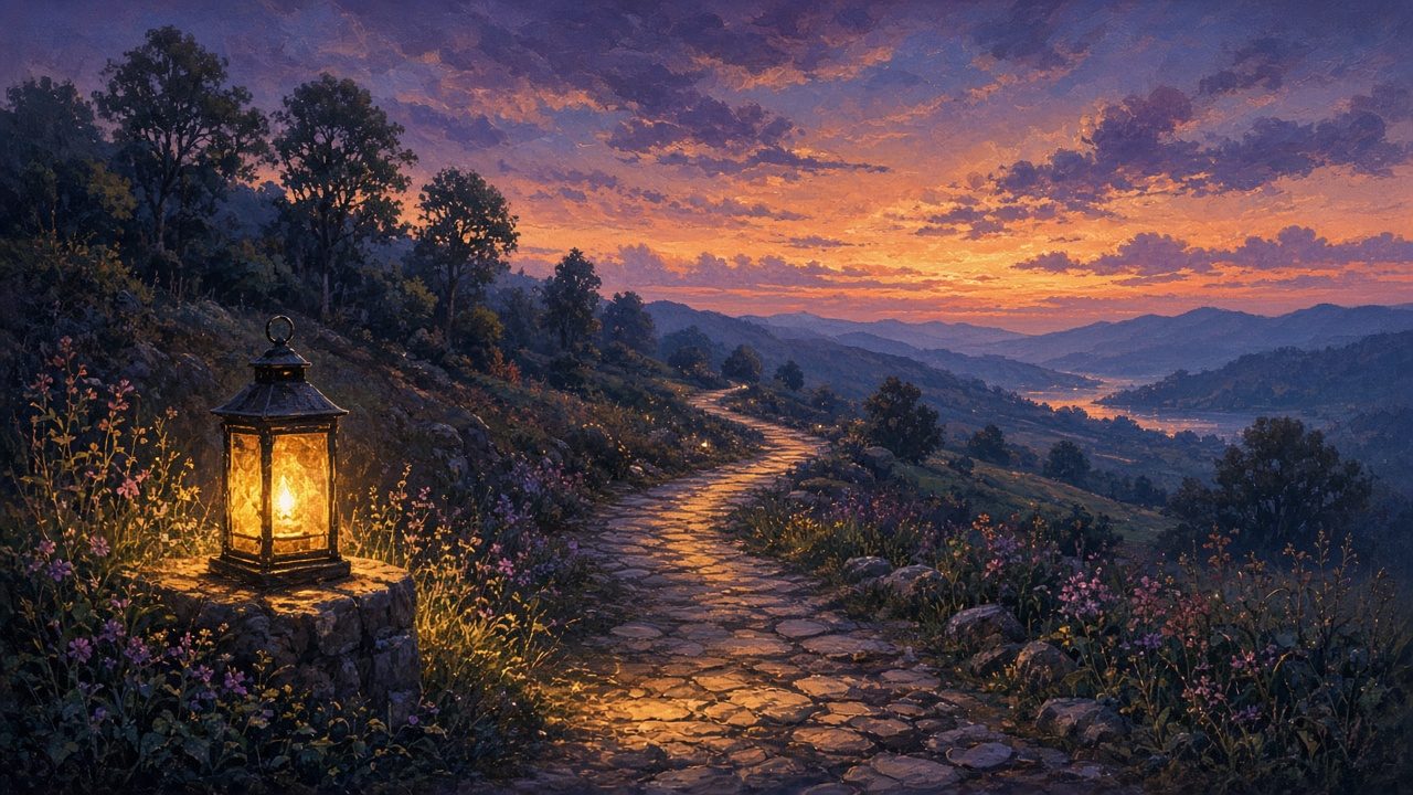 A lantern lighting a winding path at dusk.