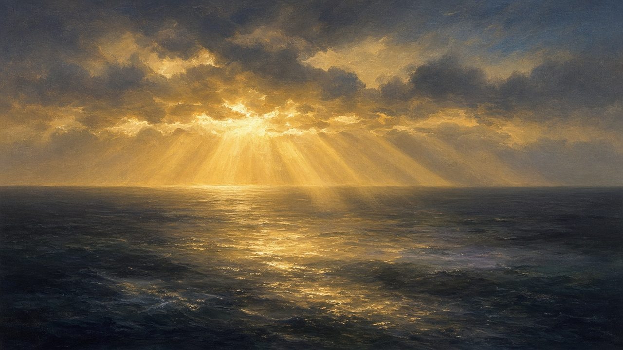 First light breaking over dark waters, rays spilling across a formless sea.