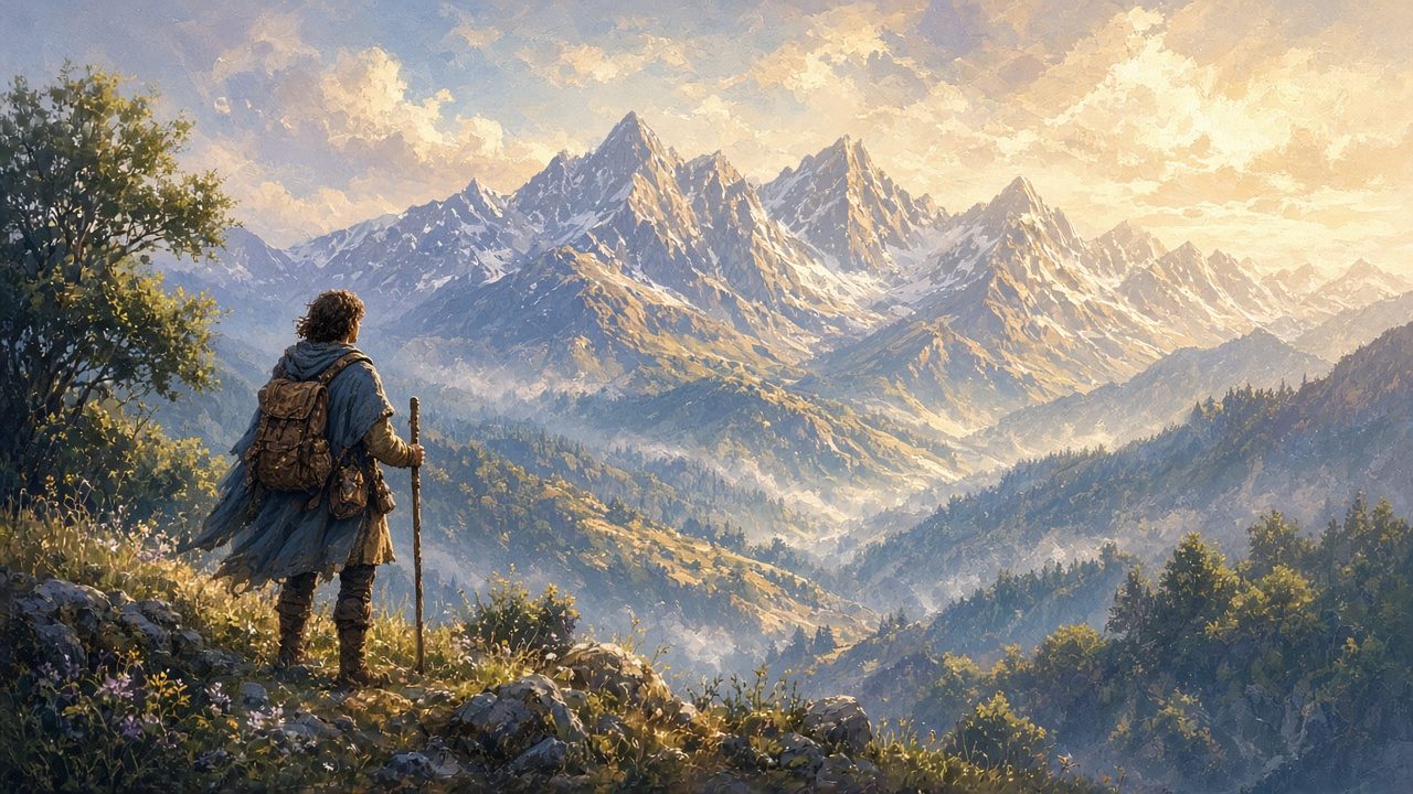 A traveler looking up at sunlit mountains.