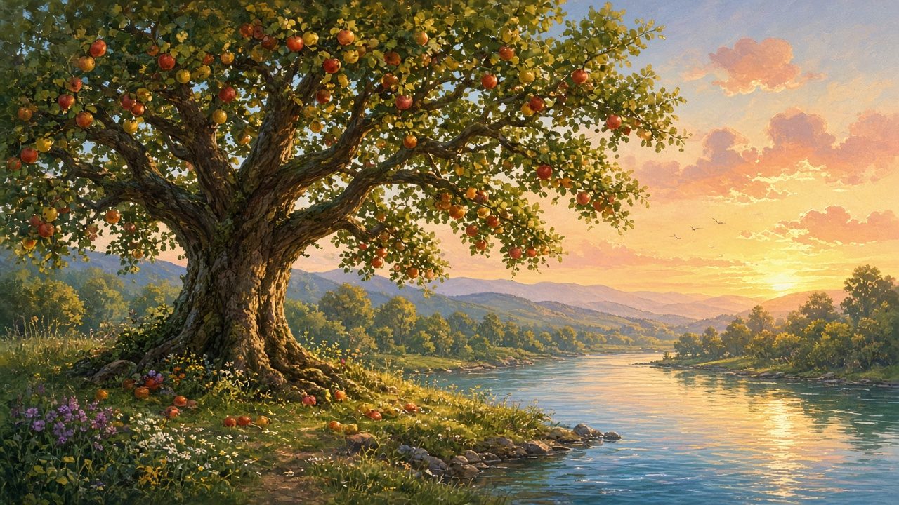 A great fruit tree by a river.