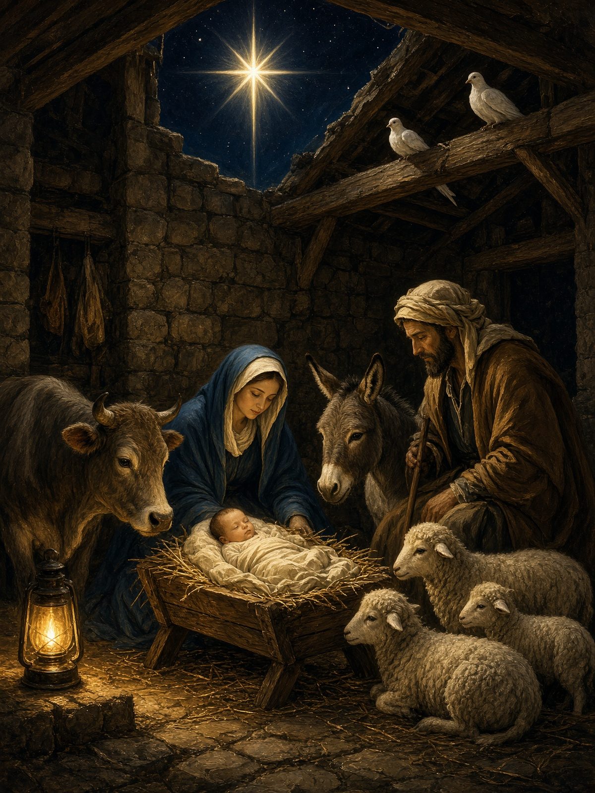 A Bethlehem stable with ox, donkey, sheep, and a manger under a star