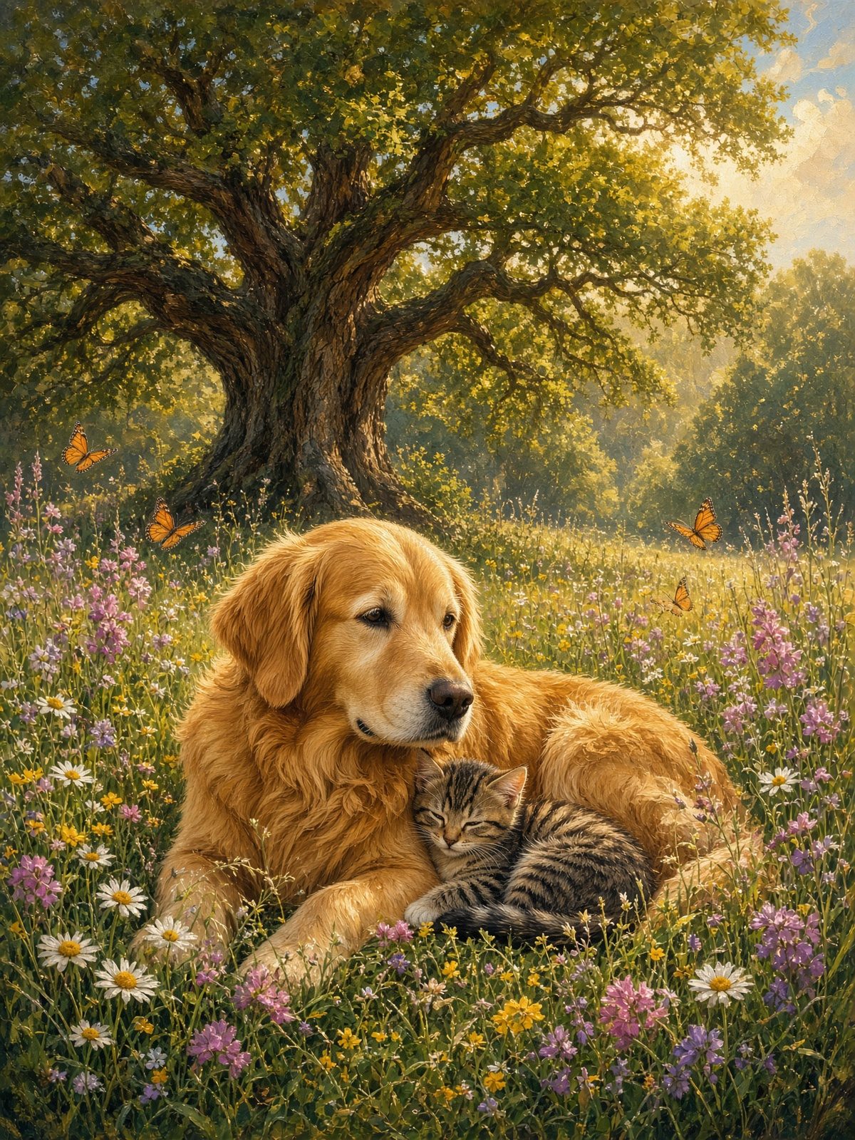 A golden retriever and a tabby kitten resting in a wildflower meadow