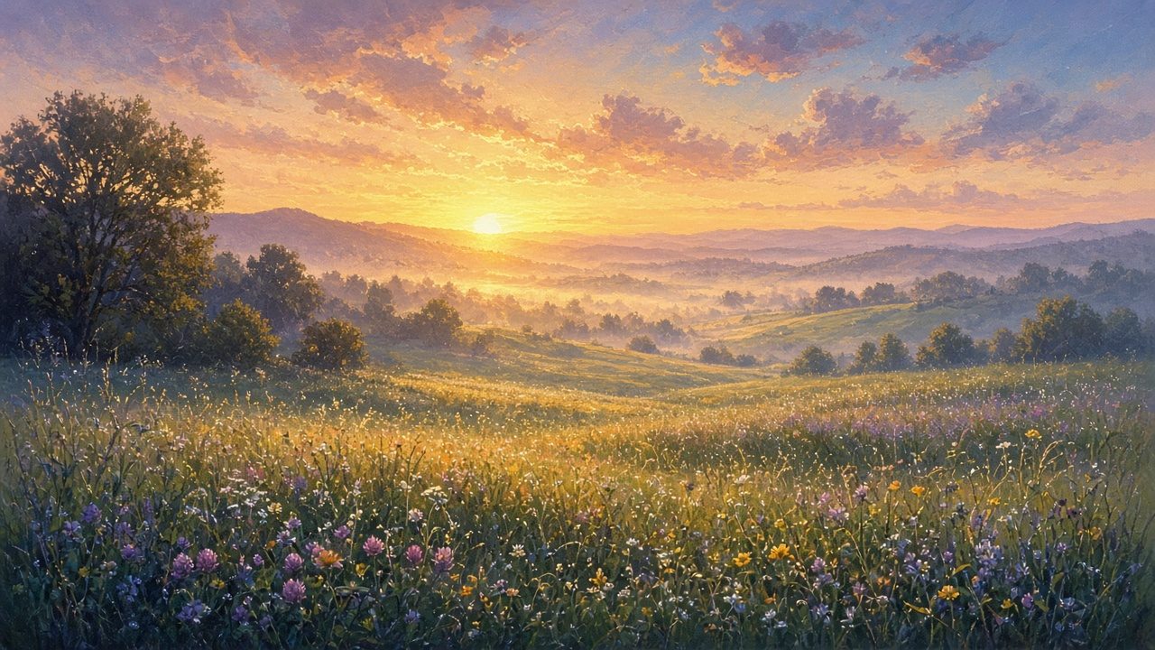Sunrise over a dewy meadow after night.