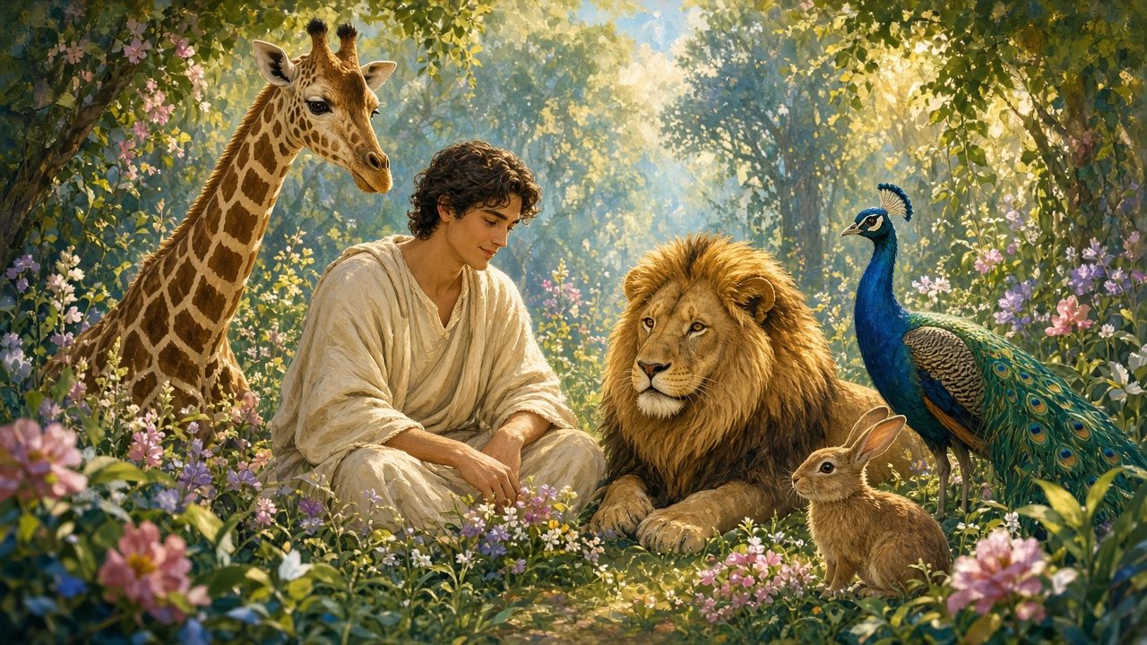Adam in a garden with a giraffe, lion, peacock and rabbit gathered round.