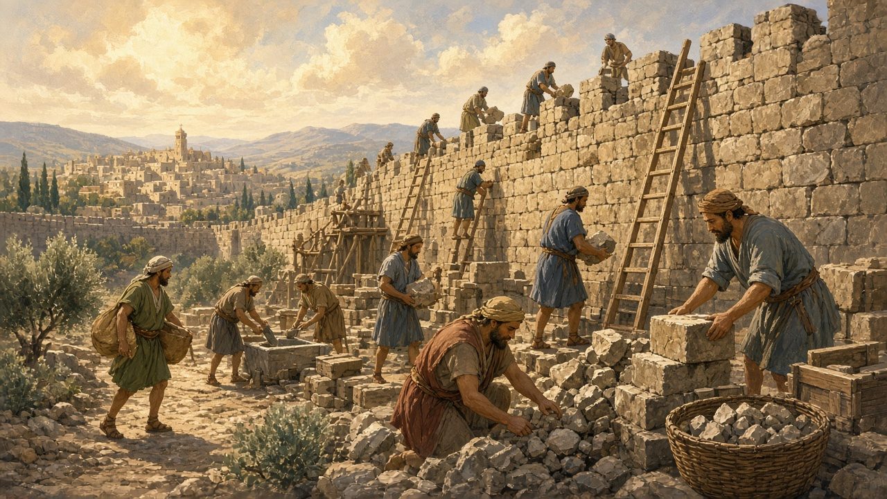 Workers rebuilding Jerusalem's stone walls.