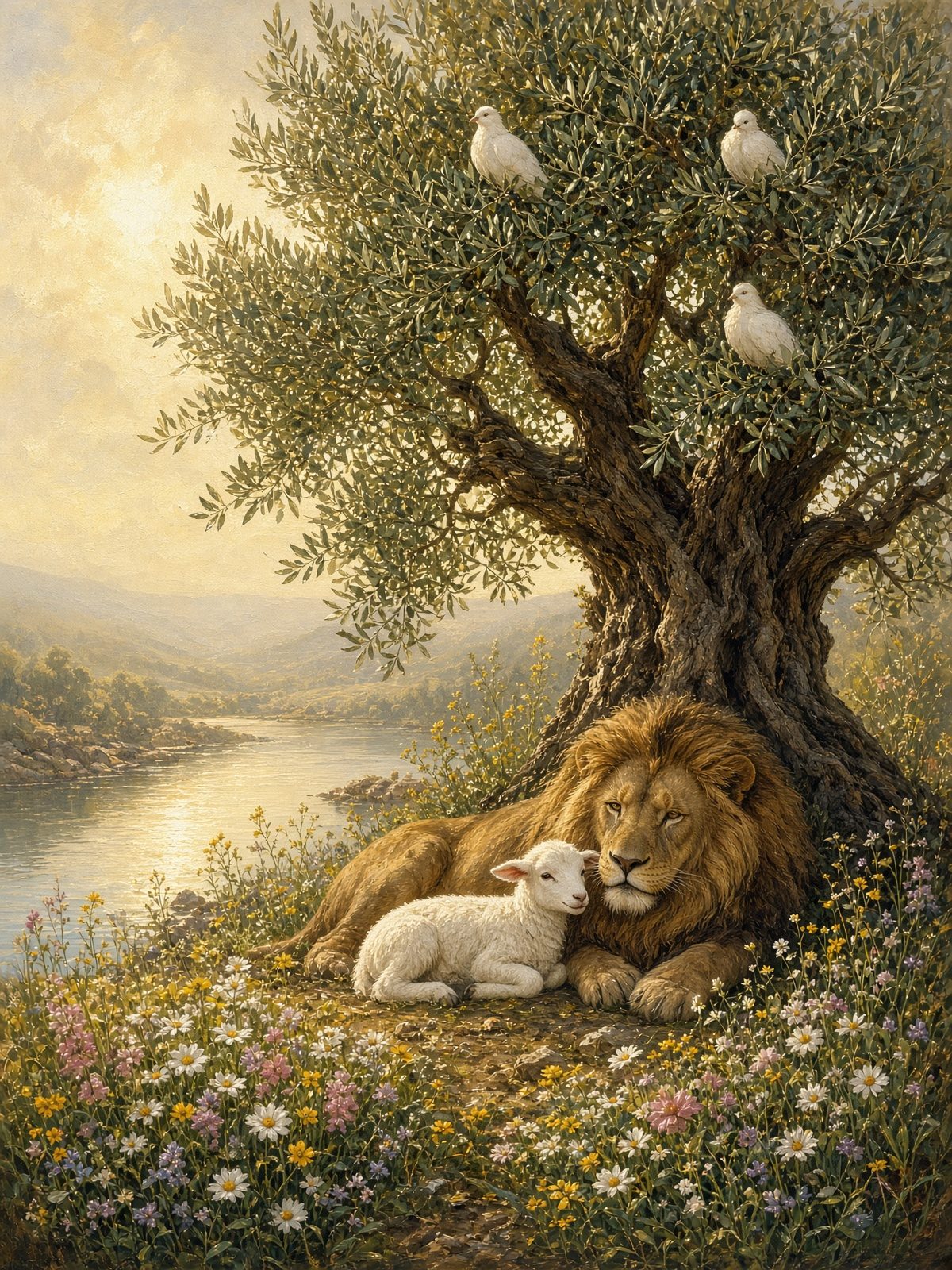 A lion lying beside a lamb under an olive tree by still water