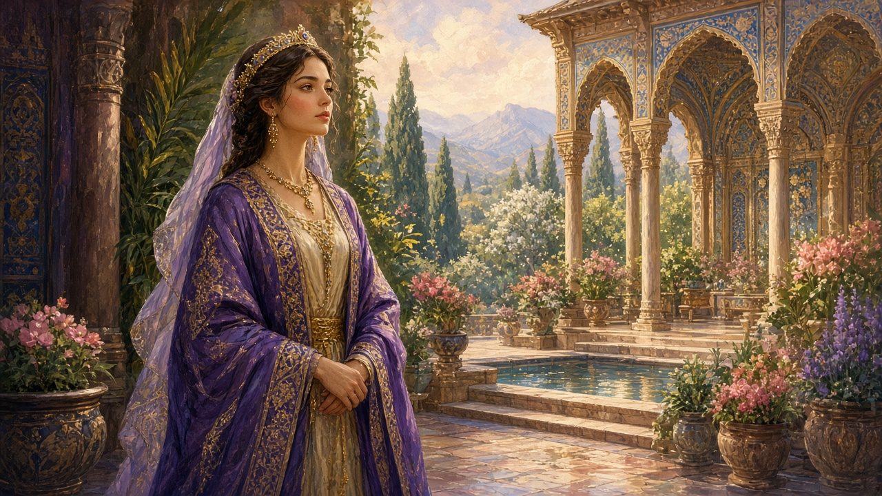 Esther in royal robes in a Persian palace courtyard.