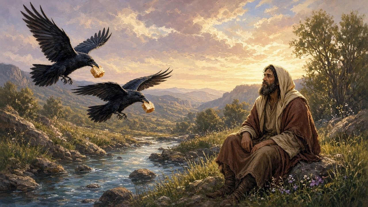 Ravens bringing bread to Elijah beside a brook.