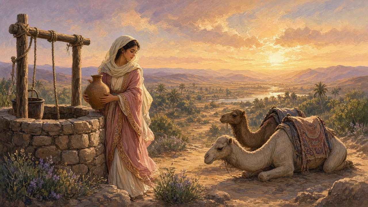 A young woman with a water jar at a stone well, camels resting.