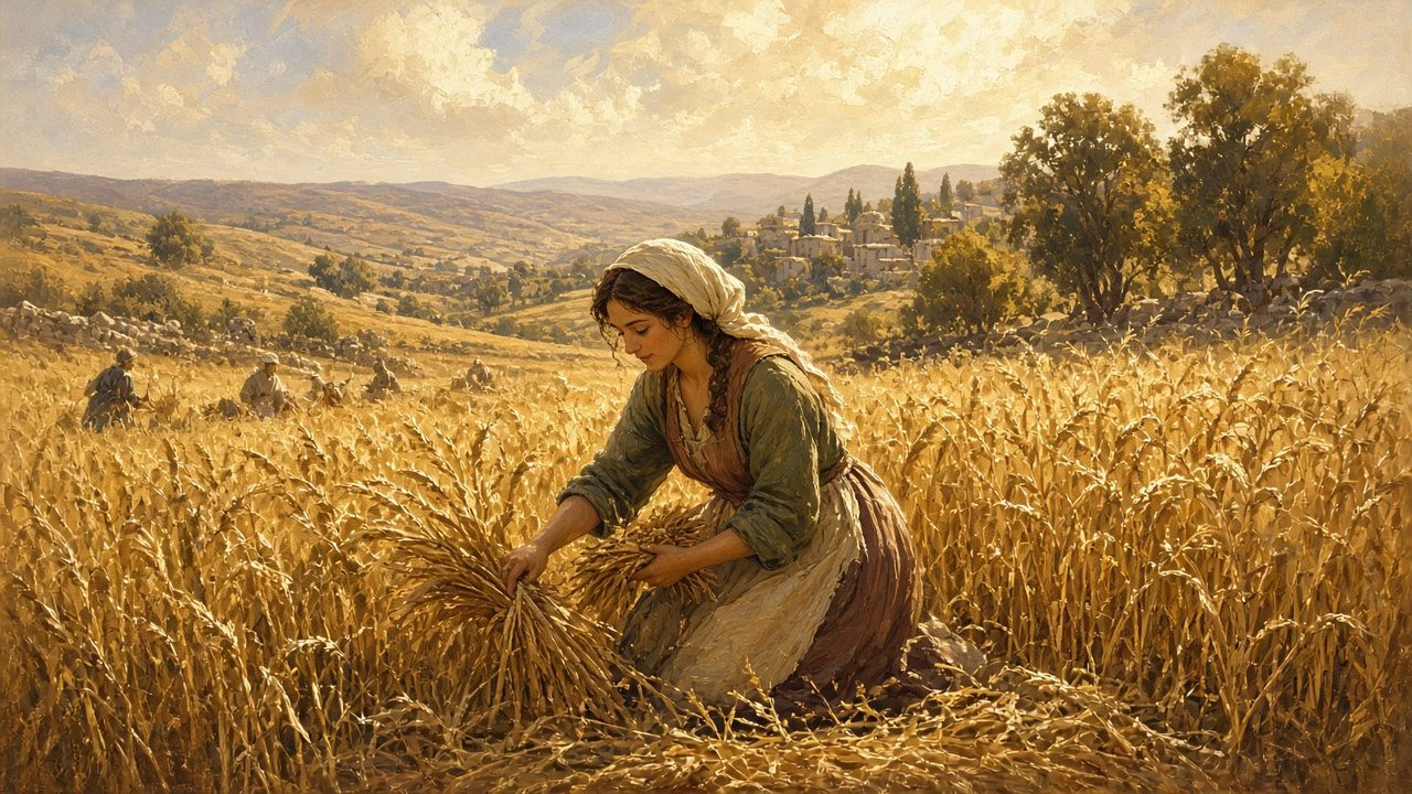 Ruth gleaning golden barley in a sunlit field.
