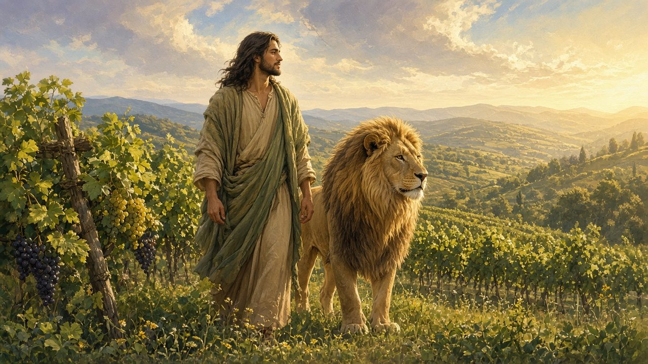 A strong young man and a lion among vineyards (gentle, non-gory).