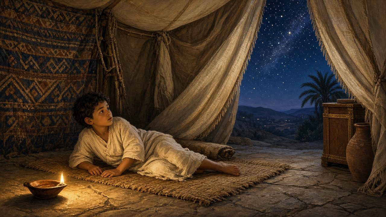 A boy waking by a lamp in the quiet temple at night.