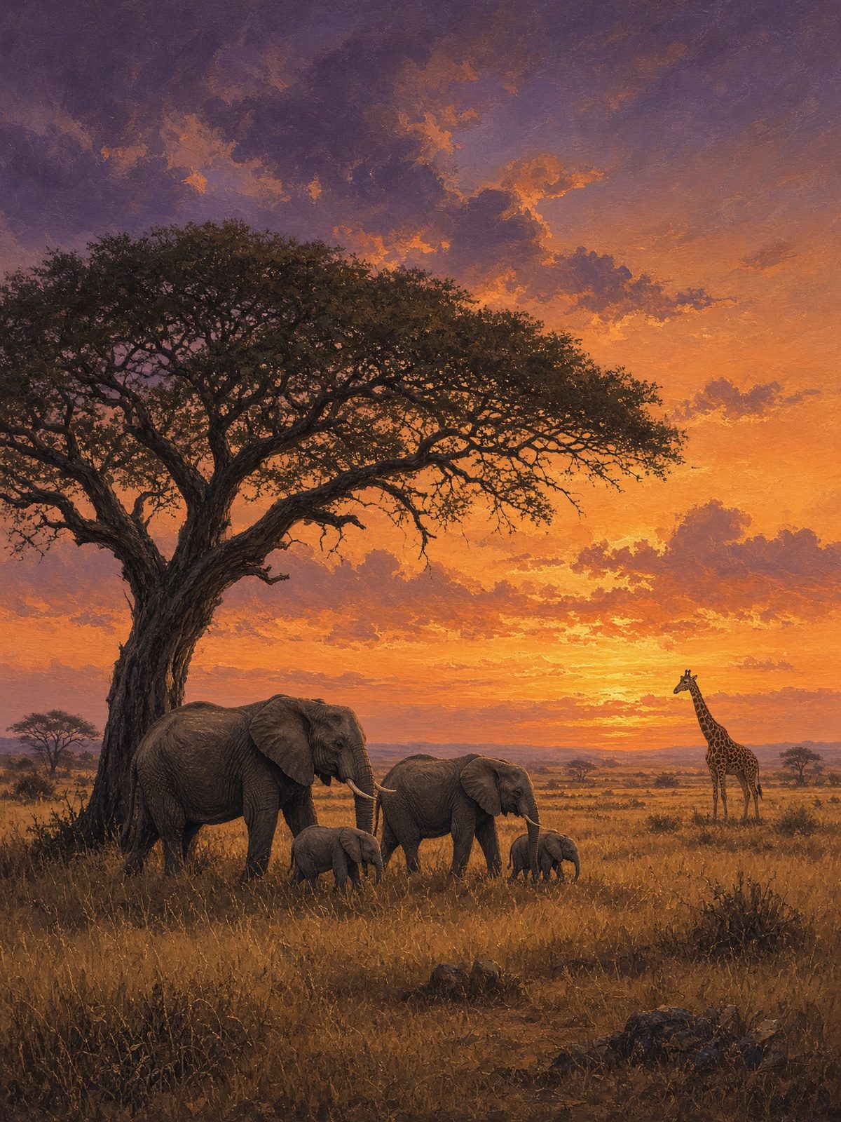 Elephants walking under an acacia on the savanna at dusk